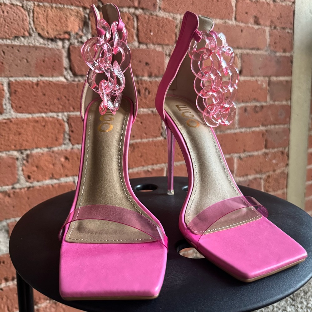 EGO Pink Lucite Heels with Acrylic Chain Accent